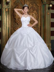 Angel White Halter Top Pick-ups Quinceanera Dress Beading Appliques