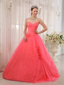 Best Sweetheart Beading Dresses for a Quinceanera Tulle in Watermelon