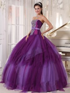 Purple Tulle Dress for Quince Beading with Bowknot in Greater Hobart
