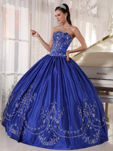 Dazzling Blue Strapless Satin Dress for a Quinceanera with Embroidery