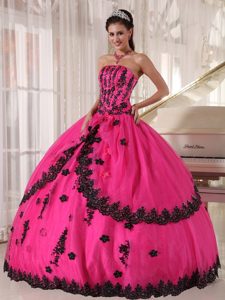 Attractive Hot Pink Strapless Appliques Quinceanera Gowns Lace Hem