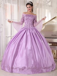 Pretty Lavender Taffeta Quinceanera Gown Long Sleeves with Appliques