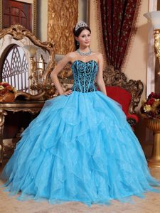 Newest Aqua Blue Sweetheart Ruffled Trajes De Quinceaneras in Organza