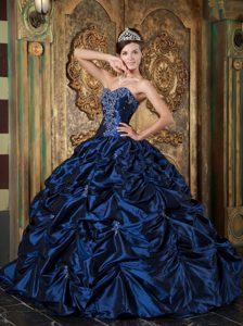 Fashionable Appliques Dresses for a Quince with Pick-ups in Navy Blue