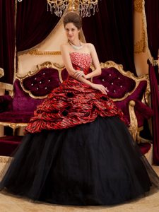 Trendy Black and Red Zebra Sweet 15 Dress Beading Tulle and Taffeta