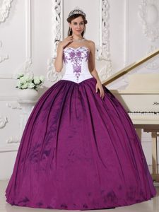 White and Purple Taffeta Sweetheart Dress for Quince with Embroidery