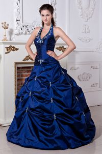 Graceful Royal Blue Dresses for Quince Halter Top Embroidery Taffeta