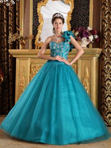 Customize Tulle Beaded Quinceneara Dress Appliques Sweetheart Teal