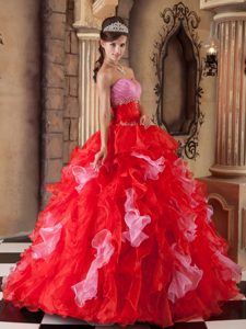 Red Ruffled Beading Ruche Sweetheart Quinceanera Dresses in Fashion