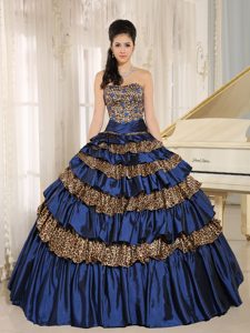 Beading and Ruffled Layers Navy Blue Sweet 16 Dresses of Leopard