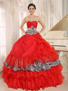 Red Organza Sweetheart Quinceanera Gown Dresses with Zebra Print