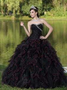 Beading and Puffy Ruffles Accent Black Quinceanera Gown Dresses