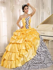 Polka Dots and Taffeta Pick ups Quinceanera Gown Dresses in Gold