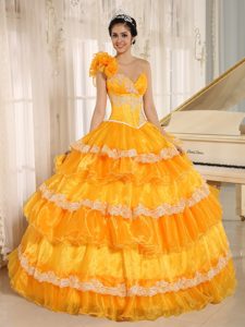 Flowery One Shoulder Orange Organza Sweet 15 Dress with Appliques