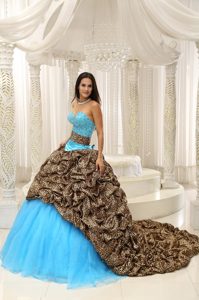 Leopard and Organza Beaded V Neck Quinceanera Gowns in Blue Color