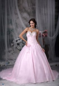 Beaded and Ruched Baby Pink Quinceanera Gowns with Court Train