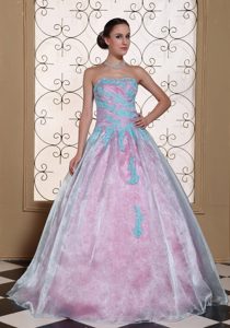 Light Blue Strapless Sweet 15 Dress with Appliques in Organza and Taffeta