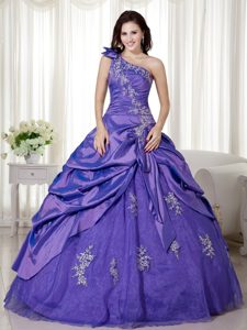 Purple One Shoulder Quinceanera Dress with Appliques in Taffeta and Organza