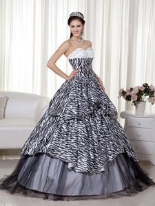 Black and White Quinceanera Dress with Zebra Print Fabric and Ruches