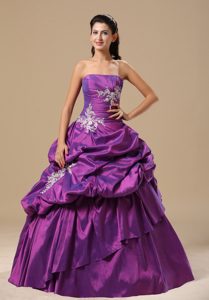 Purple Strapless Sweet 16 Dress with Silver Appliques and Pick-ups