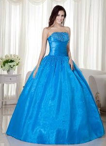 Taffeta and Organza Strapless Quinceanera Dress with Beading in Blue