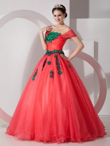 Organza Coral Red Off The Shoulder Quinceanera Dress with Green Appliques