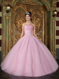 Strapless Pink Quinceanera Dress with Appliques in Tulle and Taffeta