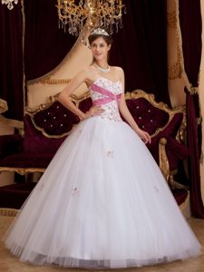 White Sweetheart Quinceanera Dress with Pink Cross Sash and Embroidery