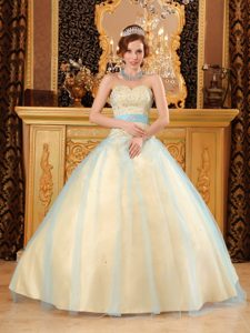 Sweetheart Champagne Quinceanera Dress with Beading and Blue Sash