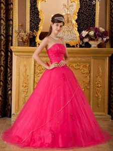 Strapless Hot Pink Quinceanera Dress with Appliques and Beading