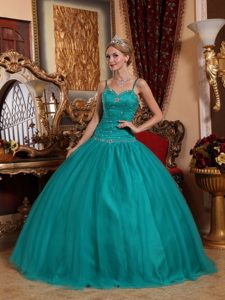 Teal Sweet 15 Dress with Spaghetti Straps in Tulle and Taffeta