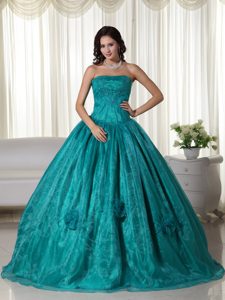 Strapless Turquoise Quinceanera Dress with Hand Made Flowers and Embroidery