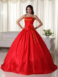 Taffeta Strapless Red Sweet 16 Dress with Ruches and Hand Made Flowers