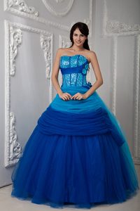 Blue Sweetheart Quinceanea Dress with Ruches in Tulle and Shinning Fabric