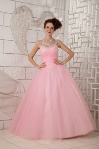 Beaded Baby Pink Sweet 15 Dress with Straps in Tulle and Taffeta