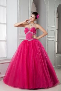 Sweetheart Hot Pink Quinceanera Dresss with Beading and a Tulle Out Layer