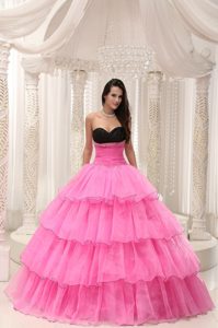 Rose Pink and Black Sweetheart Quinceanera Dress with Ruffles and Beading