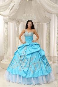 Aqua Blue One Shoulder Sweet 15 Dress with Embroidery and Pick-ups