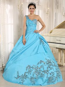 One Shoulder Baby Blue Quinceanera Dress With Appliques and Beading