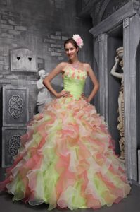 Strapless Multi-color Quinceanera Dress in Taffeta and Organza with Ruffles