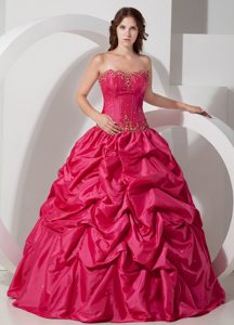 Taffeta Hot Pink Strapless Quinceanera Dress with Pick-ups and Beading