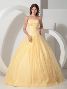 Taffeta Strapless Sweet 15 Dress with Beading and a Tulle Out Layer in Yellow