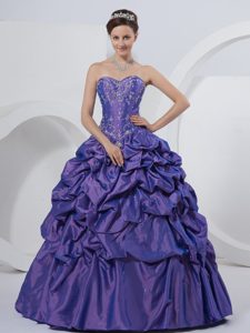 Purple Taffeta Sweetheart Quinceanera Dress with Embroidery and Pick-ups