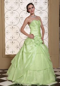 Sweetheart Yellow Green Sweet 15 Dress with Beading and a Hand Made Flower
