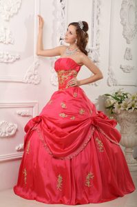 Red Strapless Taffeta Quinceanera Dress with Pick-ups and Appliques