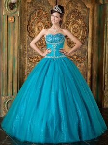 Teal Sweetheart Quinceanera Dress with Beading and Embroidery