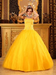 Yellow Quinceanera Dress with Spaghetti Straps in Taffeta and Organza