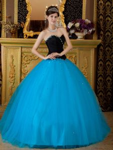 Sweetheart Quinceanera Dress with a Taffeta Black Top and a Tulle Blue Bottom