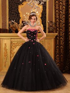 Black Tulle Quinceanera Dress with Flower Appliques and Beading