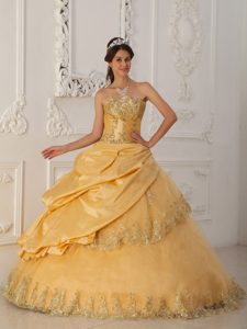 Gold Quinceanera Dress in Taffeta and Tulle with Beading and Embroidery